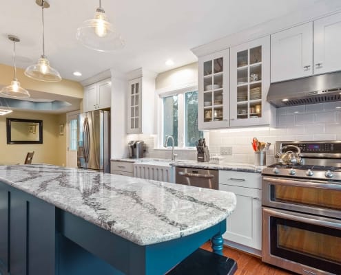 Custom kitchen Remodel, Arlington, VA Foster Remodeling Solutions with Cambria Seagrove island countertop and glass front cabinet doors