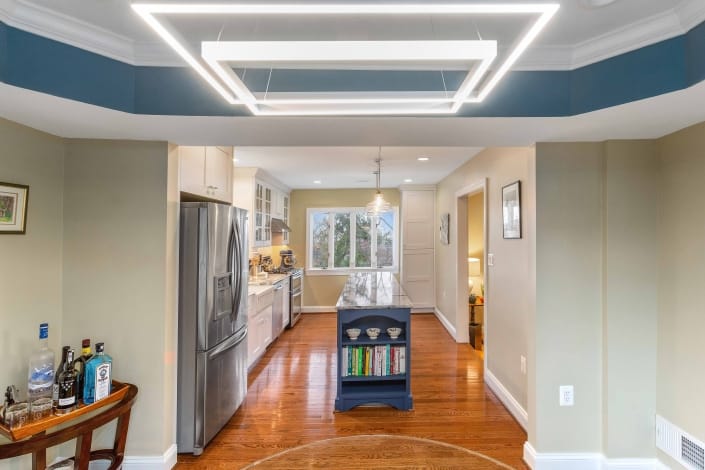 Kitchen remodeling, Arlington, VA with Bruce Plank Dundee hardwood flooring and custom light fixture