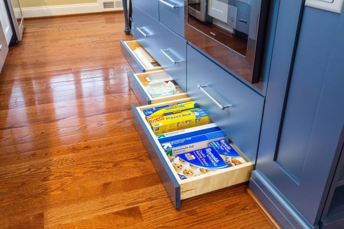 Organizational kitchen remodel, Arlington, VA with Crystal cabinets and Jeffery Alexander drawer pulls