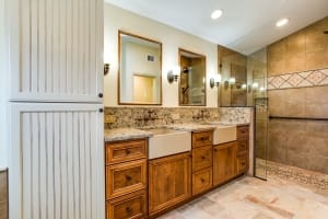 Centreville, VA, custom master bath remodel, with dual Cambria farm sinks and Signature Hardware faucets