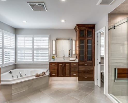 Remodeling in NOVA, master bath Lorton with Crystal Encore cabinets and Cambria Weybourne vanity tops