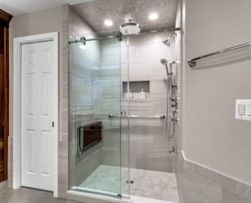 Bathroom remodeling Lorton, VA with frameless Centec Barndoor sliding shower door aging-in-place