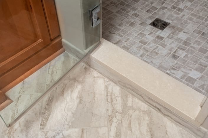 Aging in Place Bathroom Remodel Woodbridge with 4x36 Monterosa Botticino Marble threshold