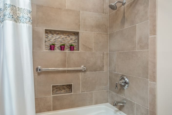 Woodbridge Hall Bathroom Remodel with recessed niche with MSI Capella Sand tile walls