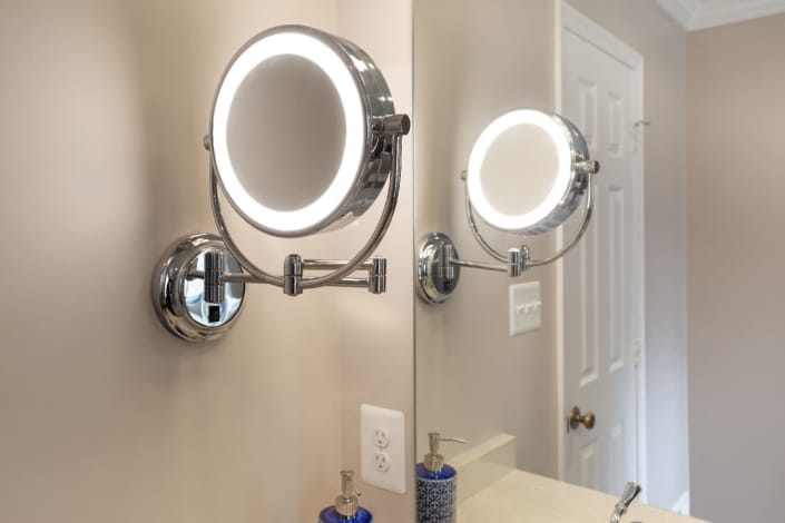 Aging in Place Bathroom Remodel Woodbridge featuring double sided LED polished chrome make-up mirror