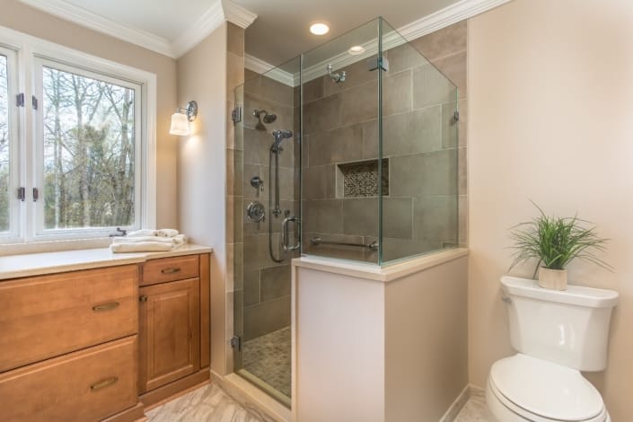 Aging in Place Bathroom Remodel Woodbridge, VA with Century Glasstec clear glass shower with frameless hinged door