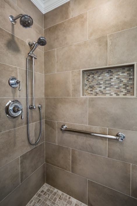 Woodbridge Master Bathroom Remodel with MSI Capella Sand tile walls and tile floor in MSI Bernini Bianco