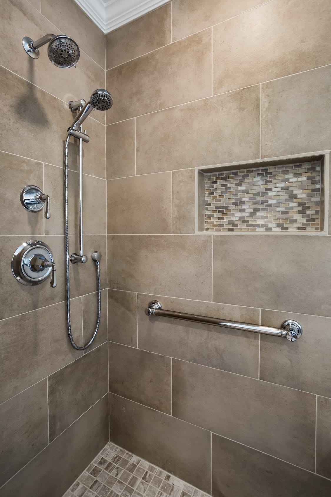 Woodbridge Primary Bathroom Remodel with MSI Capella Sand tile walls and tile floor in MSI Bernini Bianco