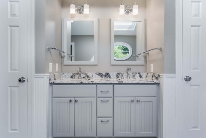 Fairfax Station Master Bath Remodel with Crystal Current cabinets in Shoreview style painted Gray and Cambria Seagrove vanity top