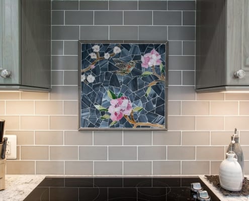 Springfield Kitchen Remodel New Ravenna Sea glass mosaic, pattern: Chinoiserie with Hummingbird
