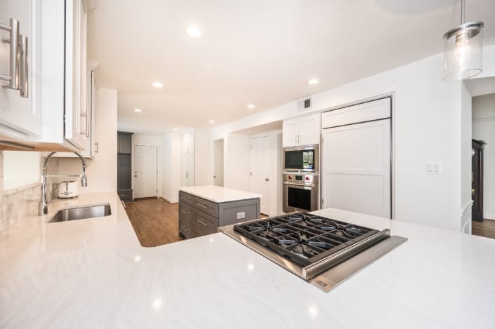 Alexandria modern kitchen remodel with Cambria countertops and Crystal Keyline Island in gray