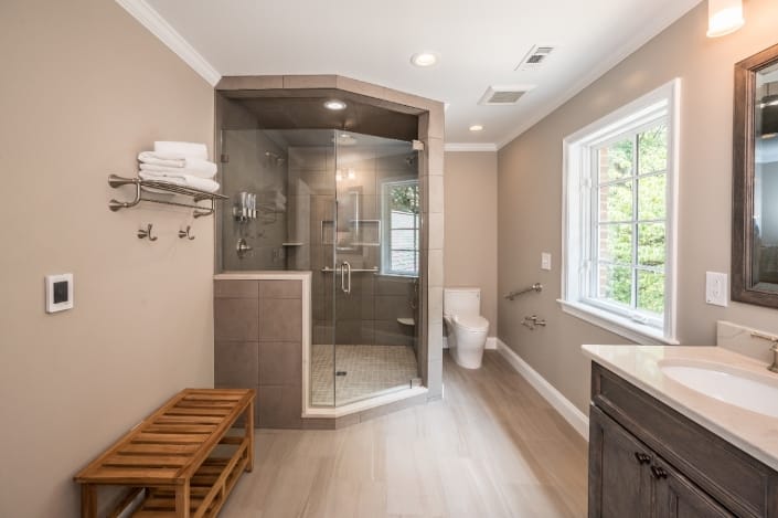 Alexandria, VA master bathroom remodel with large walk in shower for aging in place