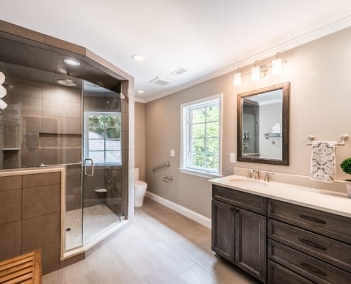 Alexandria primary bath upgrade with large walk in shower and double vanity