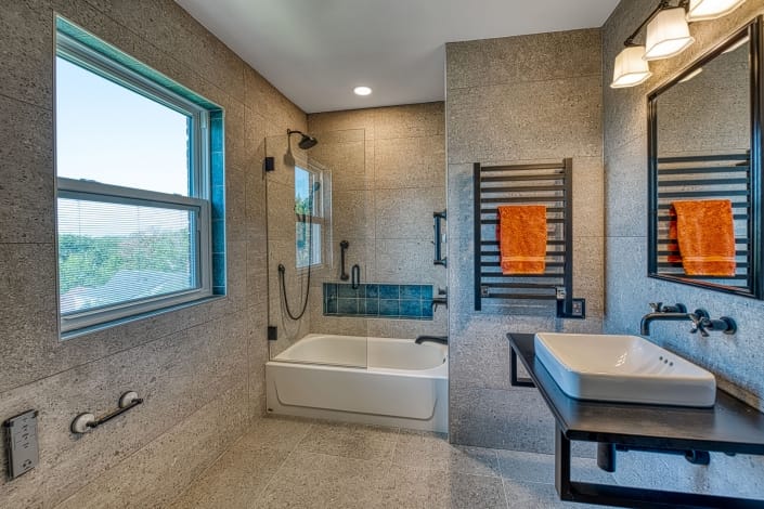 Arlington Bathroom remodel with custom niche in tub/shower combo with industrial feel
