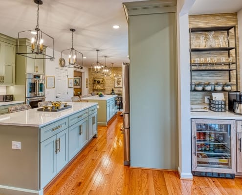 Gainesville kitchen remodel featuring beverage bar and double islands