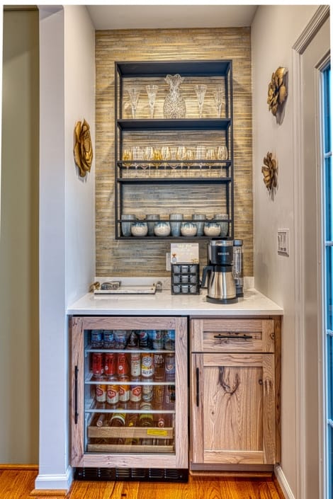 Custom remodeling Gainesville, VA Beverage bar with custom cabinets and quartz countertop