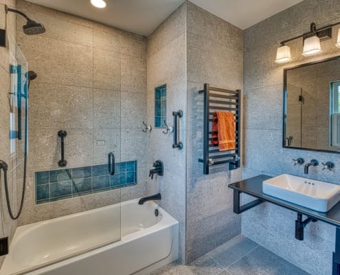 bath remodel recessed shower shelves