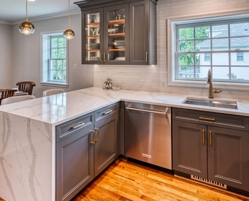 Arlington Kitchen Remodel - hardwood floors and open cabinets