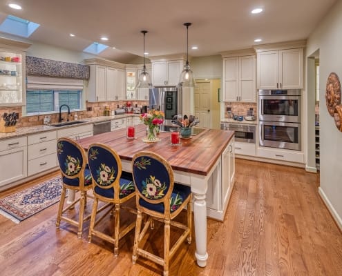 Kitchen Remodeling, Leesburg, VA featuring island with custom Sapele Mahogany wood countertop