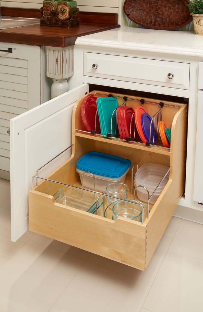 drawer with space for plastic containers and lids