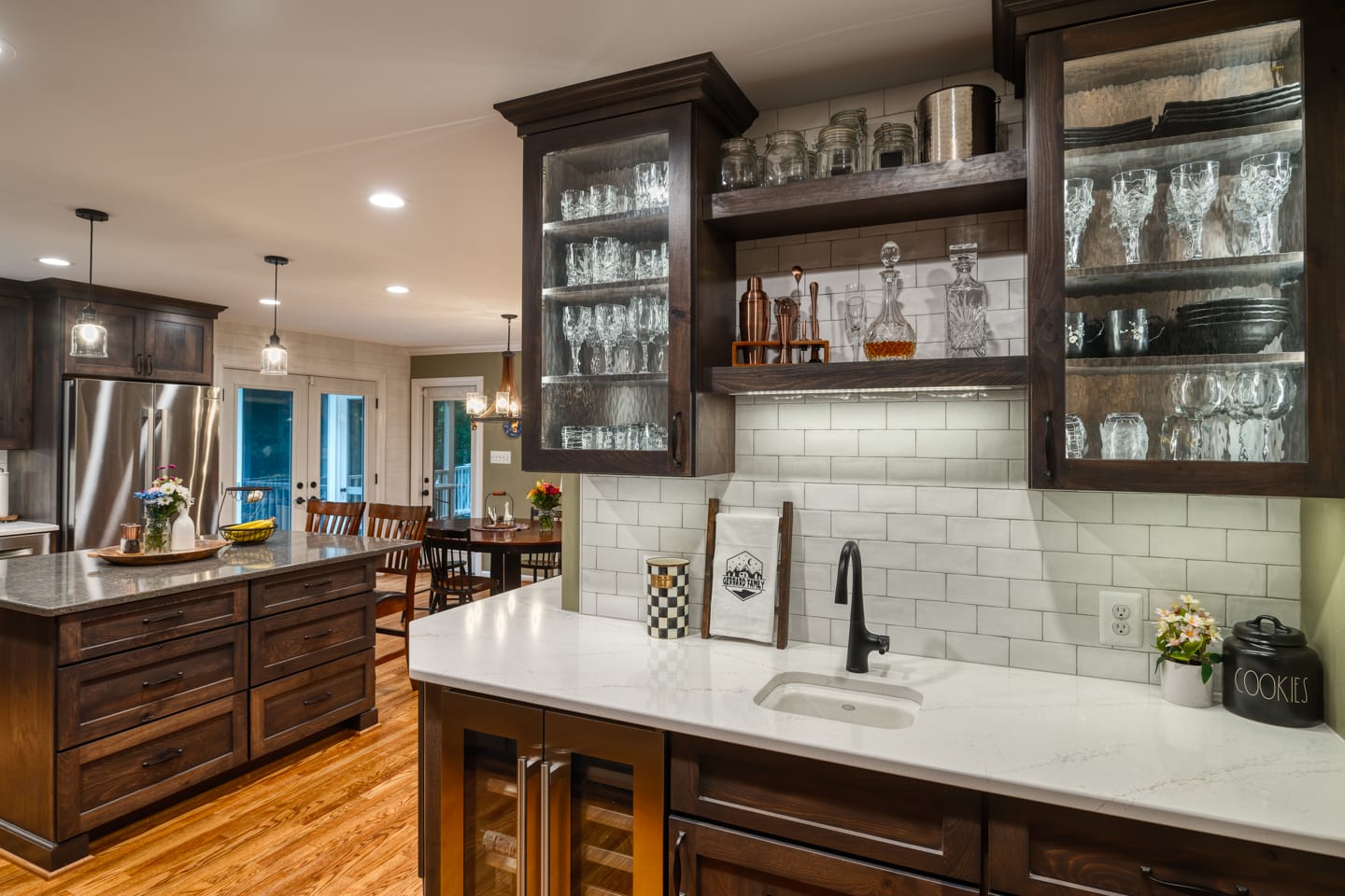 Kitchen Remodeling, Fairfax Station, VA with custom wet bar and Koch cabinets and waterfall glass doors