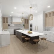 3D rendering 01 of tri-colored kitchen with beige upper cabinets, white lower cabinets and dark brown island