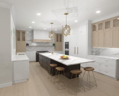 3D rendering 01 of tri-colored kitchen with beige upper cabinets, white lower cabinets and dark brown island