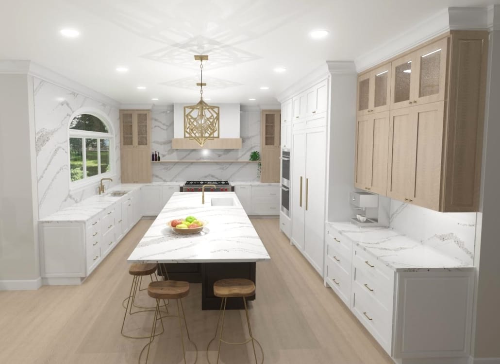 3D rendering 02 of tri-colored kitchen with beige upper cabinets, white lower cabinets and dark brown island