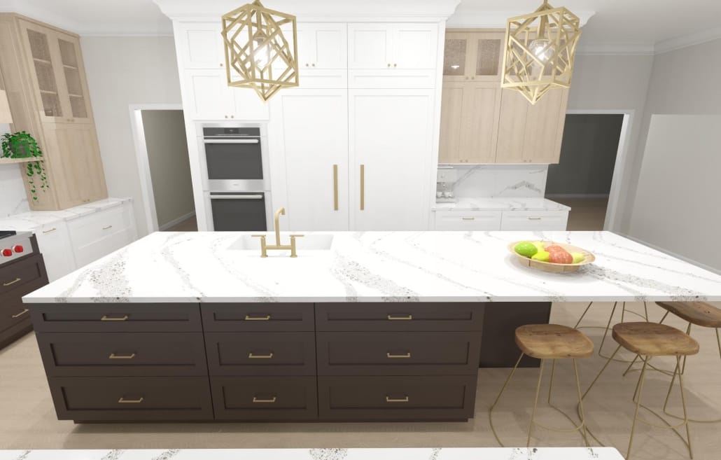 3D rendering 04 of tri-colored kitchen with beige upper cabinets, white lower cabinets and dark brown island