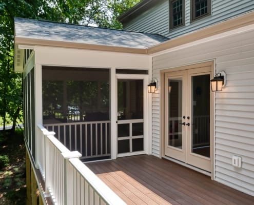 Fairfax Station, home addition with screened porch, deck, patio featuring Wolf solid board decking and Intex Hampton rail system.