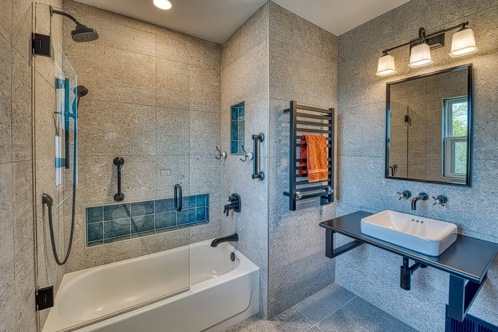  Arlington bathroom remodel with sleek Industrial chic fixtures and floating sink 