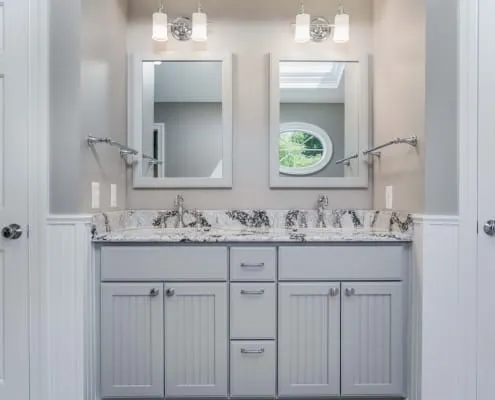  Fairfax Station Primary Bath Remodel with Crystal Current cabinets in Shoreview style painted Gray and Cambria Seagrove vanity top 