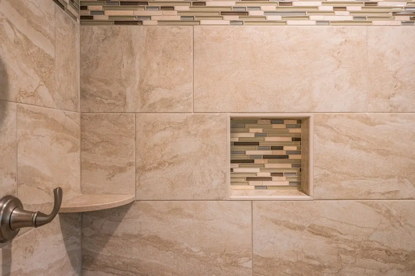  Glass tile accents in shower stall of transitional Fairfax Station bathroom remodel 