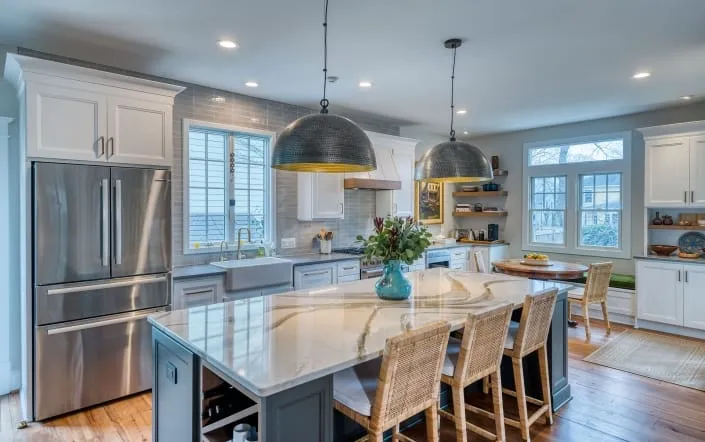 Custom Kitchen remodel, Alexandria, VA with Cambria Carrick countertop on island and DalTile Revalia Remix tile wall