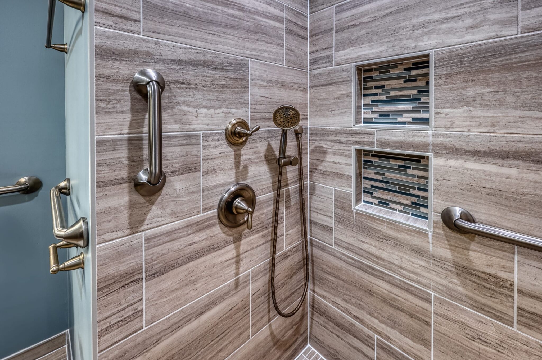 Bathroom remodel, Springfield VA, aging in place, grab bars, zero threshold shower with hand held shower and ceramic tile walls