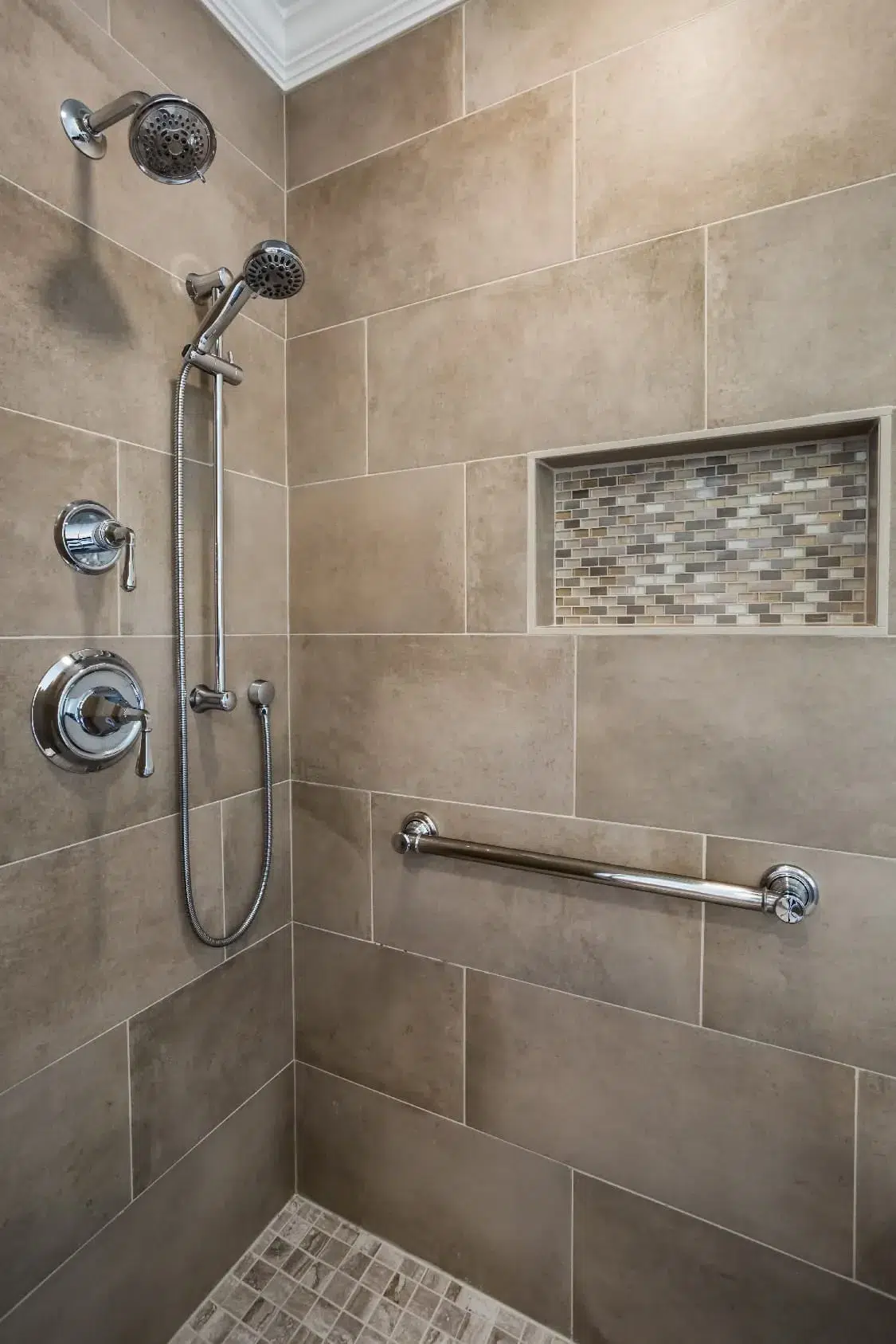  Woodbridge Primary Bathroom Remodel with MSI Capella Sand tile walls and tile floor in MSI Bernini Bianco